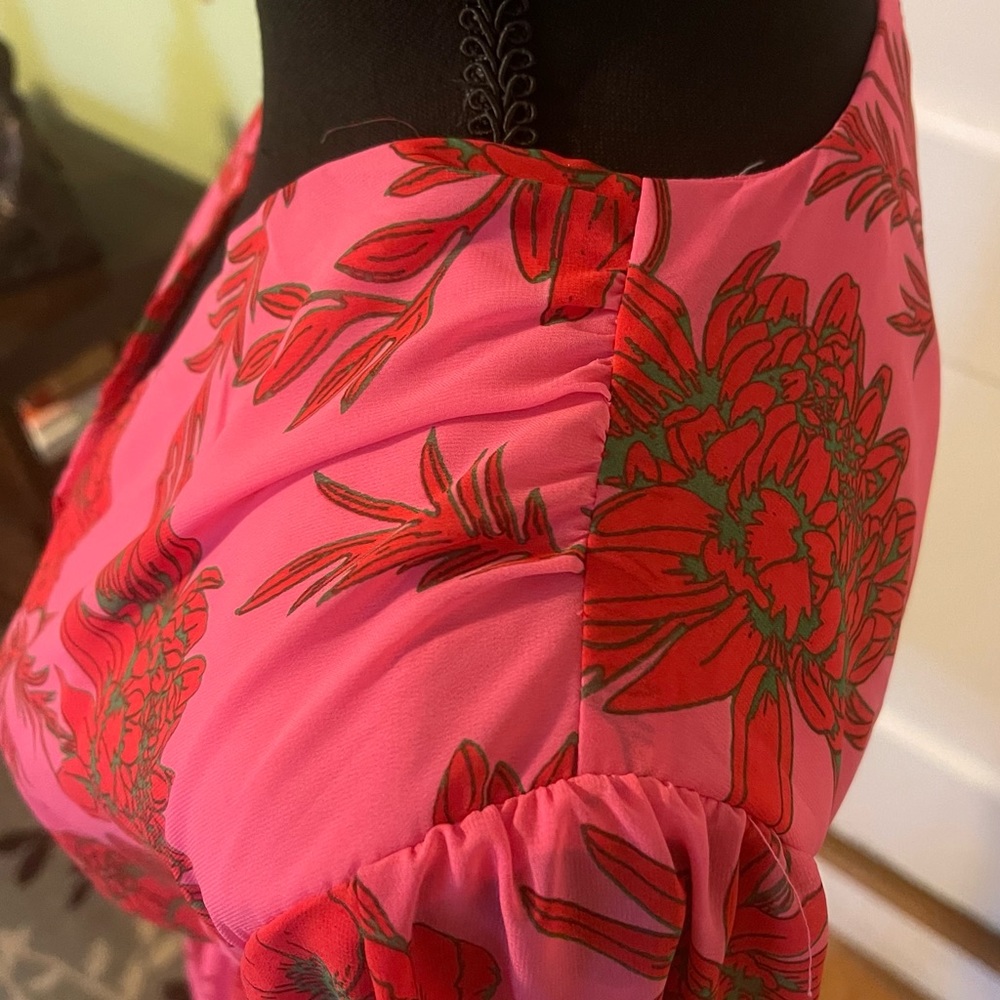 Beyond Words Pink Long Sleeved Romper with Red and Green Flowers. - Picture 5 of 8
